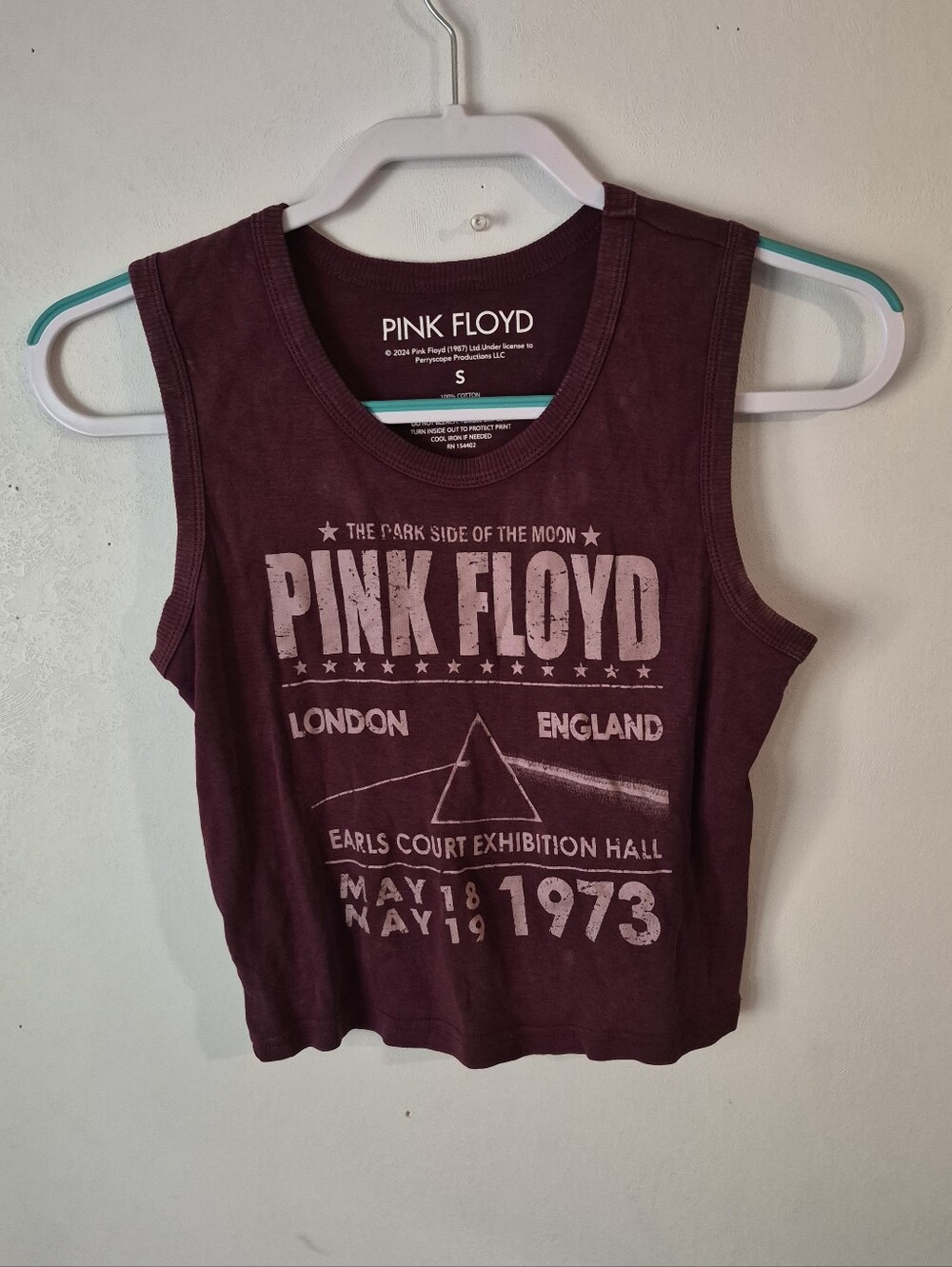 PINK FLOYD Juniors Cropped Tank Top Burgundy Size Small